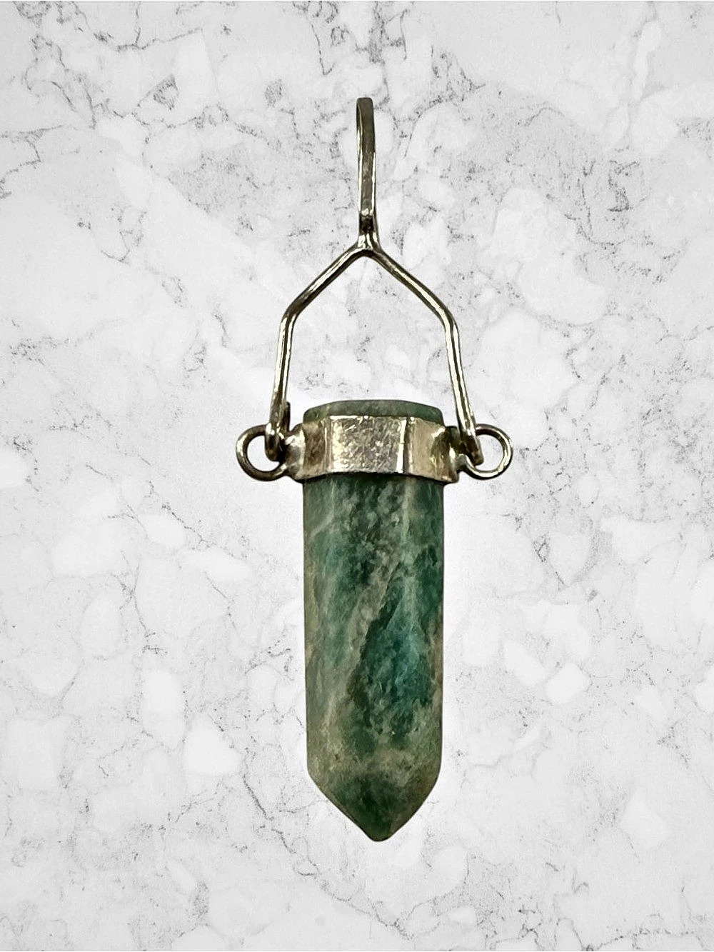 Sterling Silver Amazonite Crystal Point Pendant Charm Green Hexagon  Column Boho